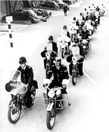  ??  ?? On May 26, 1955, eight 150cc Triumph Terriers were delivered to the chief engineer at New Scotland Yard for evaluation against the LE Velocettes. Five of the eight are seen with their counterpar­ts as a training group leaving Hendon Police College. The photo was sent to us by Mike Estall, author of the brilliant Triumph Tiger Cub Bible.