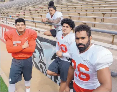  ?? GREG SORBER/JOURNAL ?? From left, Radson Jang, Evahelotu Tohi, Alexander “Moana” Vainikolo and Sitiveni Tamaivena are among the five University of New Mexico football players with Polynesian roots.