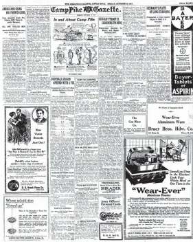  ??  ?? The Camp Pike Gazette was a daily feature of the Arkansas Gazette during World War I. On Oct. 12, 1917, the page featured a three-column cartoon by staff artist Hubert Park making fun of the dust “In and About Camp Pike.” See excerpts from the cartoon...