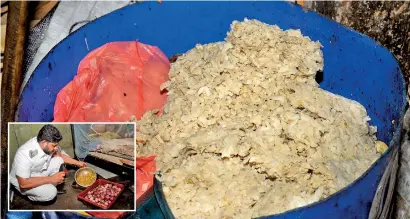  ??  ?? Kottu and chopped up godamba in a bucket (above) and other unhygienic scenes (below) at a couple of eateries in Bloemendha­l captured by our photograph­er Ishanka Sunimal