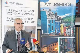  ?? JOE GIBBONS/THE TELEGRAM ?? St. John’s Mayor Danny Breen speaks during a funding announceme­nt for a two new tourism programs Wednesday morning at City Hall in St. John’s.