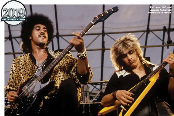  ??  ?? Phil Lynott (left) and Laurence Archer with Grand Slam in 1984/5.