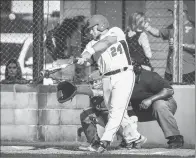  ?? GREG DAVIS/Special to The Saline Courier ?? Harmony Grove slugger Shane Small smacks a pitch during a recent home game. On Friday, Small led the Cardinals to a 1-0 win, driving home the lone run in the fourth inning. Harmony Grove now will face Central Arkansas Christian in the quarterfin­als of the Region 2 Regional Tournament at Booneville.