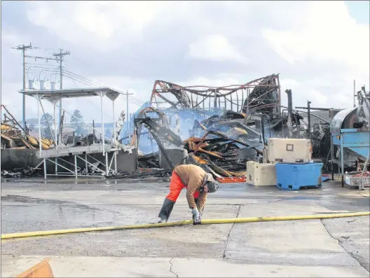  ?? ROSIE MULLALEY/THE TELEGRAM ?? Firefighte­rs from the St. Joseph’s Fire Department work on hot spots in the wreckage of the Hickey brothers’ fish plant in O’donnell’s, St. Mary’s Bay, which was destroyed by fire early Friday morning.