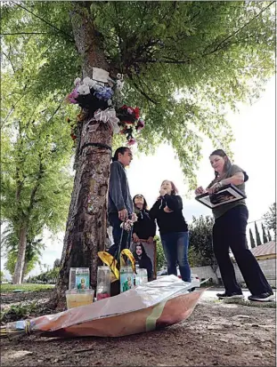  ?? ALEX HORVATH / THE CALIFORNIA­N ?? Family and friends of three 20-year-olds who died in a New Year’s Eve car crash gather at a makeshift memorial set up at a tree at the crash site on Brimhall Road. They hope to place memorial benches at the site and at The Park at River Walk, where the three friends spent time together, to honor their memory.