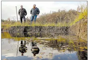 ?? AP/TED S. WARREN ?? Master distiller Matt Hofmann (right) and Westland Distillery’s marketing director, Steve Hawley, visit a peat bog on Washington state’s Olympic Peninsula.