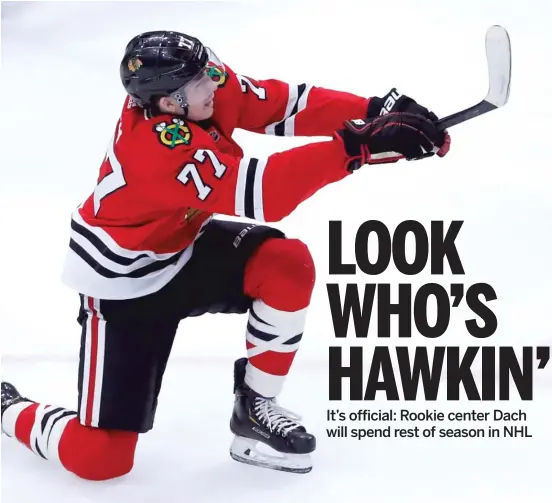  ?? AP ?? Rookie Kirby Dach showed the Hawks enough in his first six NHL games that they decided to keep him for the rest of the season rather than send him back to juniors.