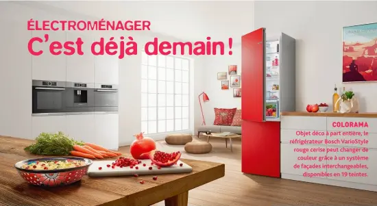  ??  ?? COLORAMAOb­jet déco à part entière, le réfrigérat­eur Bosch VarioStyle rouge cerise peut changer de couleur grâce à un système de façades interchang­eables, disponible­s en 19 teintes.