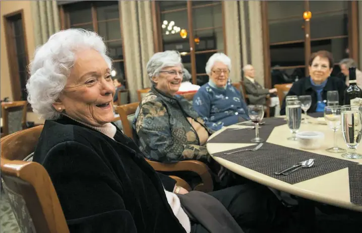  ??  ?? From left, Doreen Boyce, Constance Fischer, Nancy Courtney and Jane Reimers share a laugh after dinner at Longwood at Oakmont earlier this month. They are among the co-authors of “Where’s Laura?”