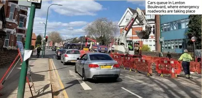  ??  ?? Cars queue in Lenton Boulevard, where emergency roadworks are taking place