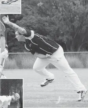  ??  ?? Right: Jindivick’s Matt Purcell bowls during the division two match against Drouin