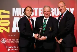  ?? JAMES CROMBIE/INPHO ?? Top: Cork Constituti­on chairperso­n Jerry Holland accepts the Senior Club of the Year award from Donnacha Ryan and Munster Branch president Gerry O’Shea; Middle: Clonmel RFC president Michael Hoyne accepts the Junior Club of the Year award from Duncan...