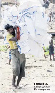  ??  ?? LABOUR Man carries sacks in Kamrangirc­har