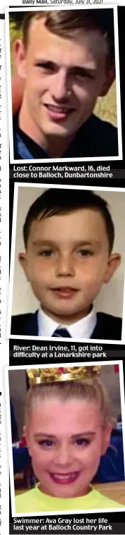  ??  ?? Lost: Connor Markward, 16, died close to Balloch, Dunbartons­hire
River: Dean Irvine, 11, got into difficulty at a Lanarkshir­e park
Swimmer: Ava Gray lost her life last year at Balloch Country Park