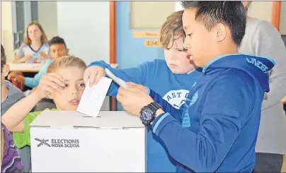  ?? CHRISTIAN ROACH/CAPE BRETON POST ?? Three students get ready to drop their ballots into the voting box at Brookland Elementary School in Sydney as part of the Student Vote program.