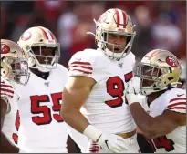  ?? EZRA SHAW/TRIBUNE NEWS SERVICE ?? Nick Bosa (97) of the San Francisco 49ers celebrates after sacking Kyle Allen of the Carolina Panthers (not pictured) during the first quarter on Sunday at Levi's Stadium in Santa Clara.