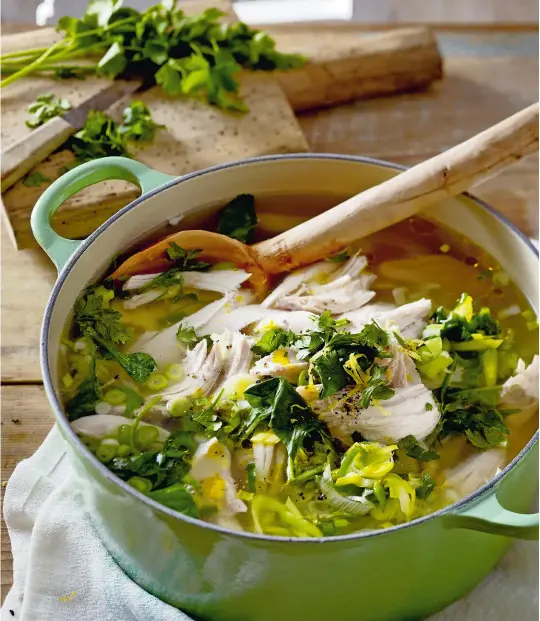  ??  ?? Serves 4 500g roast chicken thighs and drumsticks sea salt and black pepper 2 bay leaves 1 onion 1 red chilli 300g spring greens 4 leeks 1 lemon 300g long-grain rice 3 tbsp chopped flat-leaf parsley