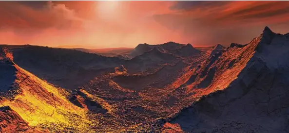  ?? — Tribune News Service ?? An artist’s impression of the view from the surface of a super-Earth planet that orbits a star just six light-years away.