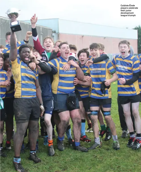  ??  ?? Coláiste Éinde players celebrate their junior developmen­t league triumph