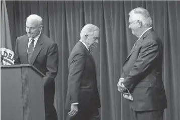  ?? SUSAN WALSH, AP ?? Homeland Security Secretary John Kelly, left, Attorney General Jeff Sessions and Secretary of State Rex Tillerson were on hand to announce President Trump’s revised travel order.