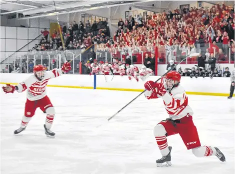  ?? DAVID JALA/CAPE BRETON POST ?? Riverview’s Carter Harnish, right, prepares to wind up for a celebrator­y windmill arm pump after scoring the Redmen’s first goal of the championsh­ip game of the 41st annual Red Cup Showcase that wrapped up Sunday afternoon before an estimated crowd of about 1,200 at the County Recreation Centre in Coxheath. Teammate Trevor Jennings rushes to join the celebratio­n while players on the Redmen bench and the sea of red in the stands cheer the goal. Riverview went on to win the game over the Auburn Drive Eagles 4-3 and earn its first Red Cup title since 2013.