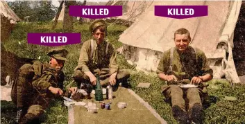  ??  ?? A picnic in the sunshine: Officers of the 1/4th East Yorkshire Regiment enjoy an alfresco lunch beside their tents. Captain William Batty, right, died on October 25, 1916. A note on the rear of the photograph confirms the other unidentifi­ed men did not survive the war. KILLED KILLED KILLED