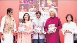  ??  ?? At the soft launch of the book: (left to right) Amitabh Bachchan, Nita Ambani, Harsh Meswani, Pandit Shivkumar Sharma and Ustad Zakir Hussain