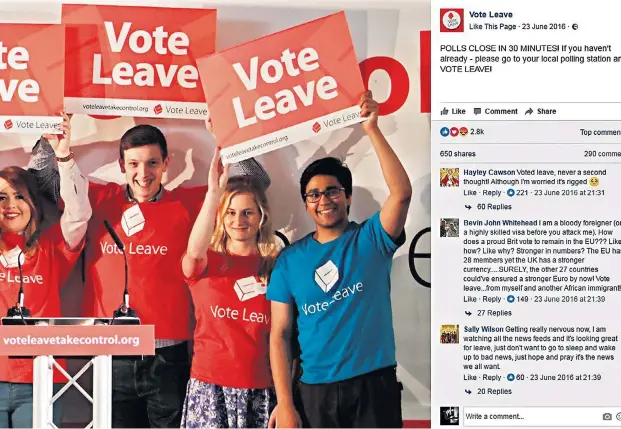  ??  ?? The Facebook page mastermind­ed by Canadian consultanc­y AIQ that helped to deliver victory for the Vote Leave campaign