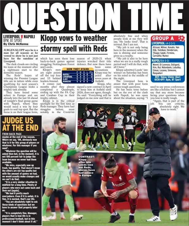  ?? ?? CONTRAST: Klopp after late Leeds loss but Reds, above, have had solace in Europe