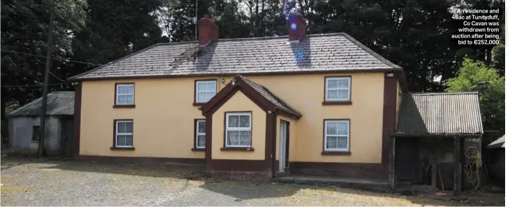  ??  ?? A residence and 46ac at Tunnyduff, Co Cavan was withdrawn from auction after being bid to €252,000