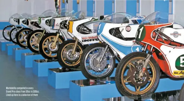  ??  ?? Morbidelli­s competed in every Grand Prix class from 50cc to 500cc. Lined up here is a selection of them