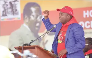  ?? — Picture: Believe Nyakudjara ?? Zanu PF Secretary for Youth Affairs Cde Kudzanai Chipanga addresses guests at the 21st February Movement celebratio­ns in Matob0 yesterday.