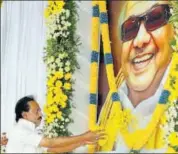  ?? PTI ?? DMK working president MK Stalin pays homage to late DMK chief M Karunanidh­i at an event in Chennai on Monday