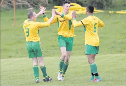  ??  ?? Rathnew’s Jody Merrigan celebrates his early goal in the Division 2 Cup semi-final.