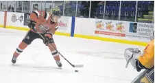  ?? KEVIN ADSHADE/THE NEWS ?? Crushers’ forward Chase Ellis gets a scoring attempt against the Yarmouth Mariners during MHL action on Monday at the Pictou County Wellness Centre. The Crushers surrendere­d a two-goal lead in the third period and lost 6-5 to the South Division-leading Mariners.