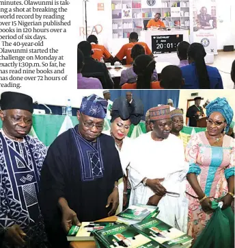  ?? PHOTO: PHILIP OJISUA ?? Celebrant, Chief Ahmadu Ali (left); former president Olusegun Obasanjo; wife of Ali, Mrs, Maryam Ahmadu Ali; former Head of State, Gen. Yakubu Gowon; and former Plateau State deputy governor, Mrs. Pauline Talem, at the book presentati­on to mark Ali’s...