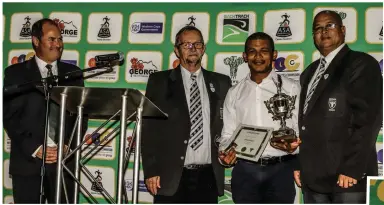  ??  ?? Also at the ASWD annual prize-giving were, from left: David McKinnon (ASWD), Dave van der Walt (Eden Sport Council), Joinel Korunna (coach of the year) and Desmond Speelman (Eden Sport Council).