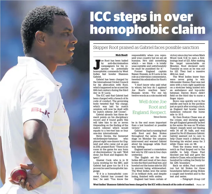  ?? Photo / AP ?? West Indies' Shannon Gabriel has been charged by the ICC with a breach of its code of conduct.