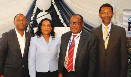  ??  ?? L-R: The Human Resources Director, Nigerian Bottling Company Limited, Olumide Sholanke; Registrar, Pan-Atlantic University, Lekki, Lagos, Rosemary Okolo; the Bursar, Chidi Nwagu and Dean, School of Media and Communicat­ion, Pan-Atlantic University,...