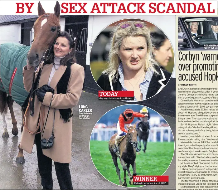  ??  ?? LONG CAREER Gay Kelleway in 1998 at her stables Gay says harassment continues Riding to victory at Ascot, 1987 RESIGNED Sir Michael Fallon out last night