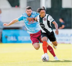  ?? ?? Ashley Nathaniel-George was lively on the ball for Maidenhead but didn’t show the craft to break down Gateshead. Photo: Darren Woolley.