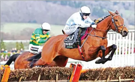  ?? AFP ?? Jockey Rachael Blackmore rides Honeysuckl­e (right) to victory ahead of Aidan Coleman on Epatante (left) in the Champion Hurdle on the first day of the Cheltenham Festival on Tuesday.