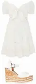  ??  ?? River Island white embroidere­d bow front dress £46; white cork platform wedges £50