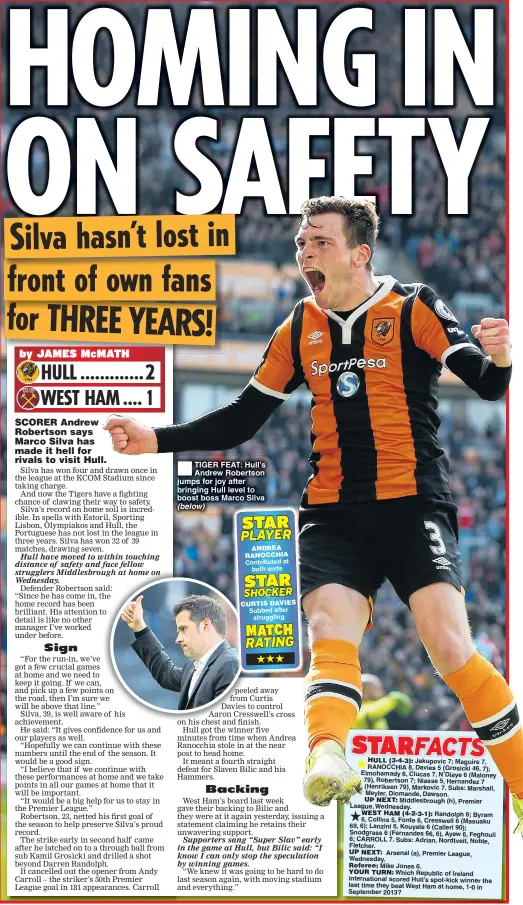  ??  ?? TIGER FEAT: Hull’s Andrew Robertson jumps for joy after bringing Hull level to boost boss Marco Silva (below)