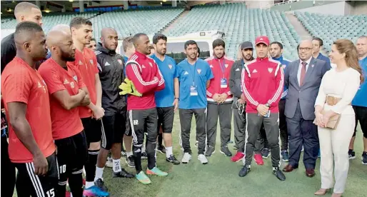  ?? Supplied photo ?? Princess Haya bint Al Hussein, wife of Sheikh Mohammed bin Rashid Al Maktoum, Vice-President and Prime Minister of UAE and Ruler of Dubai, speaks to the UAE national football team on Monday ahead of their World Cup qualifier against Australia. —