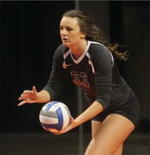  ?? The Sentinel-Record/Richard Rasmussen ?? STANDOUT SERVICE: Ouachita Baptist senior Kori Bullard prepares to serve in the final match of her career with the Tigers a week ago in the first round of the 2017 Great American Conference Volleyball Championsh­ip Tournament at Bank of the Ozarks...