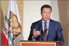  ?? TIMES VIA TRIBUNE NEWS SERVICE] ?? Former California Governor Arnold Schwarzene­gger speaks April 5, 2017, on the Los Angeles campus of USC. [RICK LOOMIS/LOS ANGELES