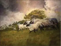  ??  ?? Aleda O’Connor, Sheep Running, oil pastel on panel, 36 by 48 inches, $2,500.