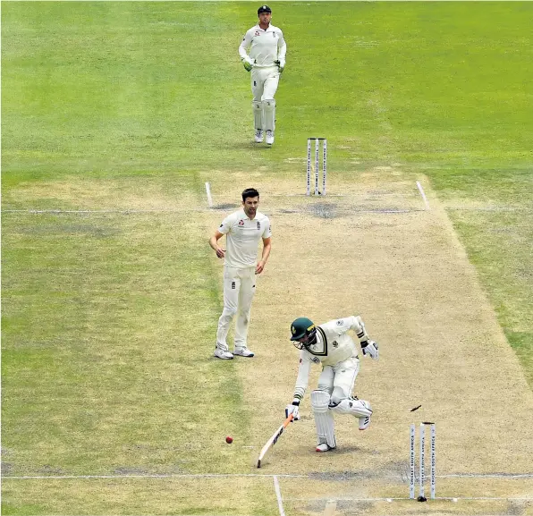  ??  ?? Resistance broken: Keshav Maharaj is run out by England’s Sam Curran for 71