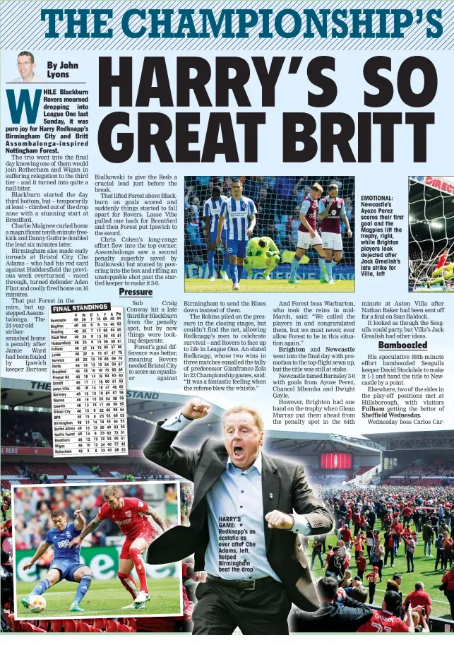  ??  ?? HARRY’S GAME: Redknapp’s as ecstatic as ever after Che Adams, left, helped Birmingham beat the drop EMOTIONAL: Newcastle’s Ayoze Perez scores their first goal and the Magpies lift the trophy, right, while Brighton players look dejected after Jack...